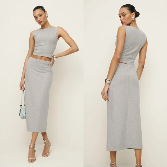 Reformation Elowen Knit Jersey Midi Skirt Pull On Organic Cotton Heather Grey XS - Picture 2 of 14